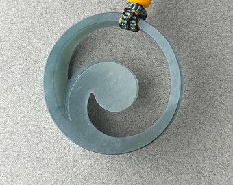Hand Carved Jade Necklace: "Shell Slice" with glass beads and hand braided Silk