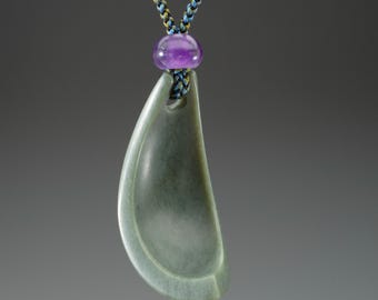 Hand Carved Jade Pendant, "Nut Hull", Amethyst, Braided Silk Necklace