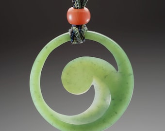 Hand Carved Apple Green Jade Pendant: Carnelian Bead & Hand Braided Silk