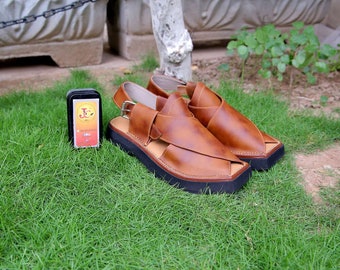 Handgefertigte Leder Peschawori Chappal Sandalen, Kaptaan Stil