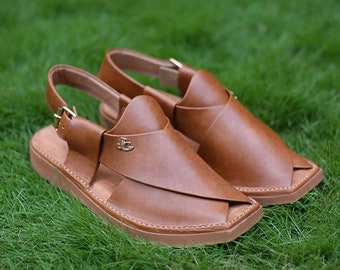 Handgefertigte Leder Peschawori Chappal Sandalen, Kaptaan Stil