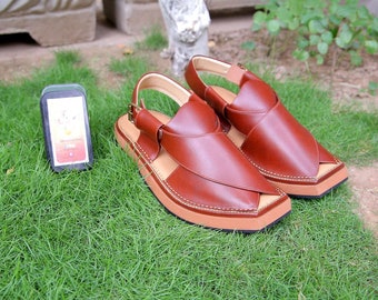 Leder Kaptaan Sandalen, Herren Peschawori Chappal genähte Schuhe