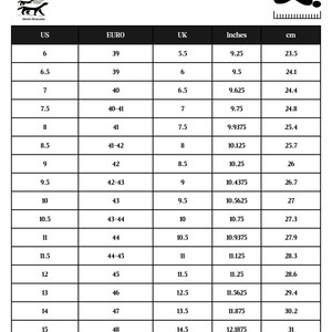 Puede incluir: Tabla de conversi&oacute;n de tallas de calzado con medidas en US, Euro, UK, pulgadas y cm. La tabla incluye tallas desde US 6 (23,5 cm) hasta US 15 (31 cm). El logotipo de Honey Badgers est&aacute; en la parte superior.
