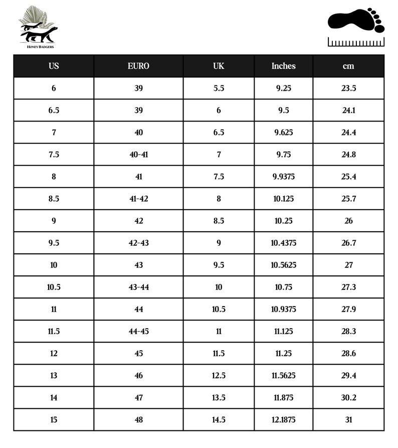 Puede incluir: Tabla de conversi&oacute;n de tallas de calzado con medidas en US, Euro, UK, pulgadas y cm. La tabla incluye tallas desde US 6 (23,5 cm) hasta US 15 (31 cm). El logotipo de Honey Badgers est&aacute; en la parte superior.