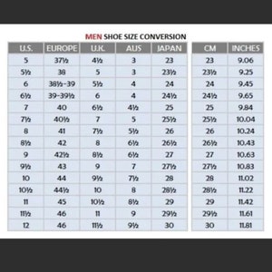May include: A shoe size conversion chart for men, with sizes in U.S., Europe, U.K., Australia, Japan, centimeters, and inches. The chart includes sizes from U.S. size 5 (23 cm, 9.06 inches) to size 12 (30 cm, 11.81 inches).