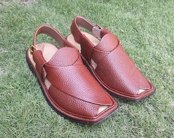 Herren Braun Leder Peschawori Chappal - Traditionelle afghanische Sandalen