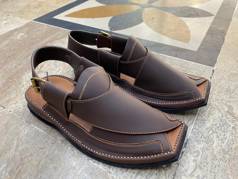 For American Cowboy Premium Quality Peshawari Pakistani Sandals for Men Ideal for local summer walks Handmade Brown Cowhide Leather Chappal image 1