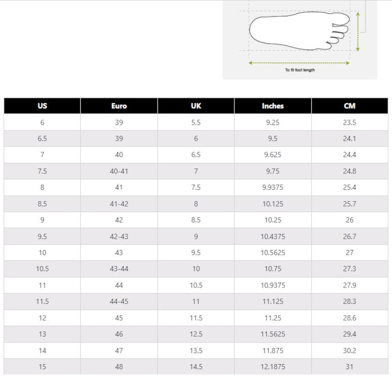 May include: A shoe size conversion chart with US, Euro, UK, inches, and cm measurements. Includes a foot outline graphic with a measurement guide. Sizes range from US 6 (9.25 inches, 23.5 cm) to US 15 (12.1875 inches, 31 cm).