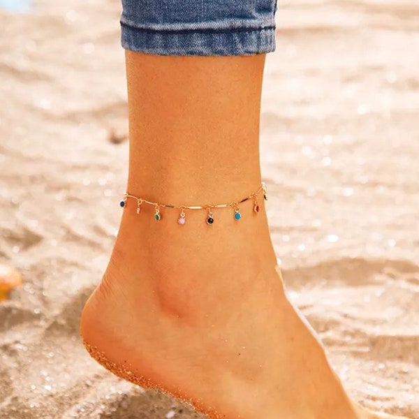 Gold-colored charm ankle bracelet, turquoise pearl ankle bracelet, atelierdisa boutique