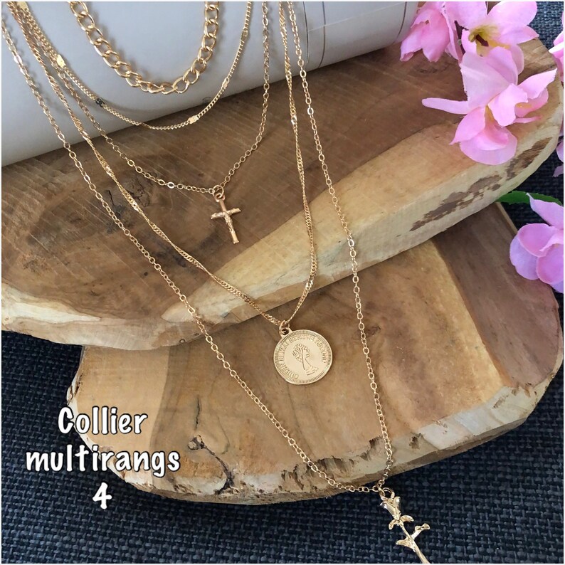 Collier multirang or médaille, croix, rose, lune, collier multichaines pendentifs et plus sur Ateliersdisa image 6