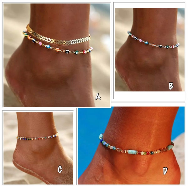 Bracelet cheville multicolore, bracelet de cheville perle turquoise,boutique ateliersdisa