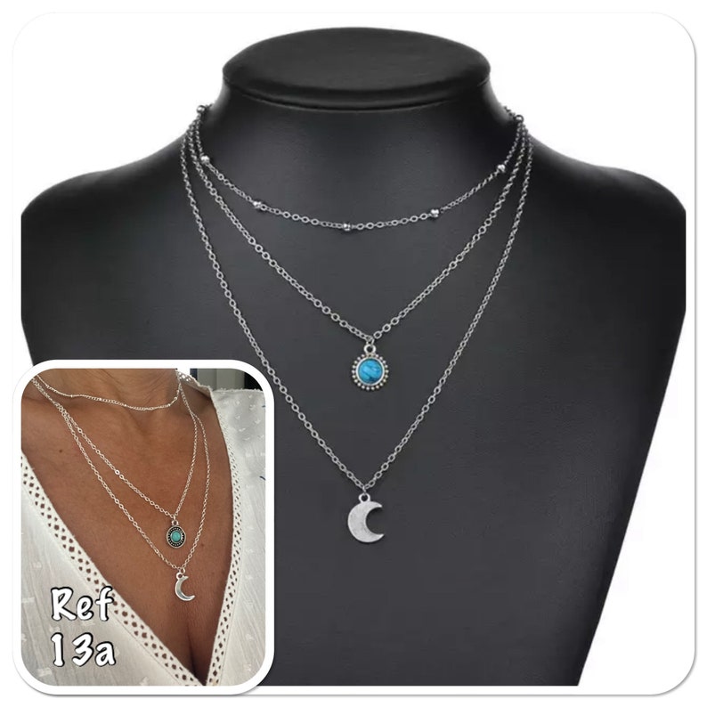 Mehrreihige Medaillon-Halskette, 3-reihige Medaillon-Halskette, mehrreihige türkisfarbene Mondhalskette atelierdisa Bild 3