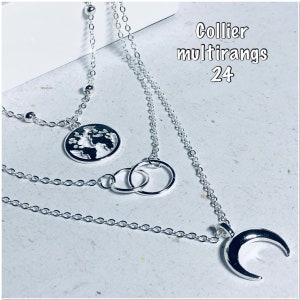 Collier multirang lune or, médaille , collier à plusieurs rangs lune argent, médaille, collier multi-chaîne bohème et plus sur Ateliersdisa lune mappemonde 24