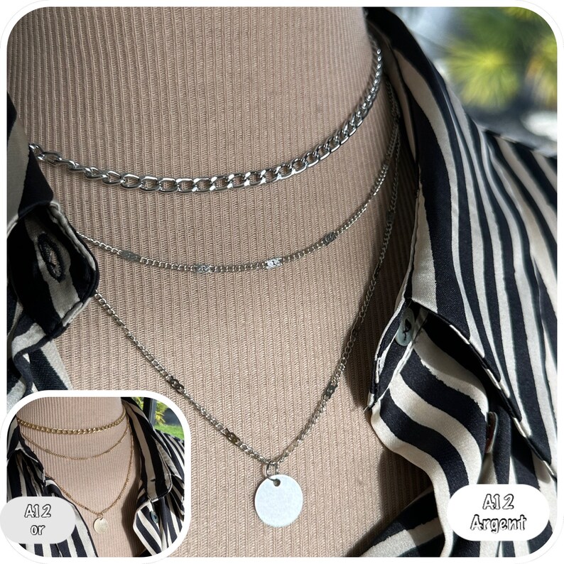 Mehrreihige Medaillon-Halskette, 3-reihige Medaillon-Halskette, mehrreihige türkisfarbene Mondhalskette atelierdisa collier A12 argent