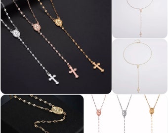 Gold layering cross rosary necklace, silver color rosary layering rosary necklace, rosegold rosary cross necklace