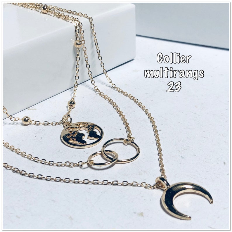 Collier multirang lune or, médaille , collier à plusieurs rangs lune argent, médaille, collier multi-chaîne bohème et plus sur Ateliersdisa lune mappemonde 23