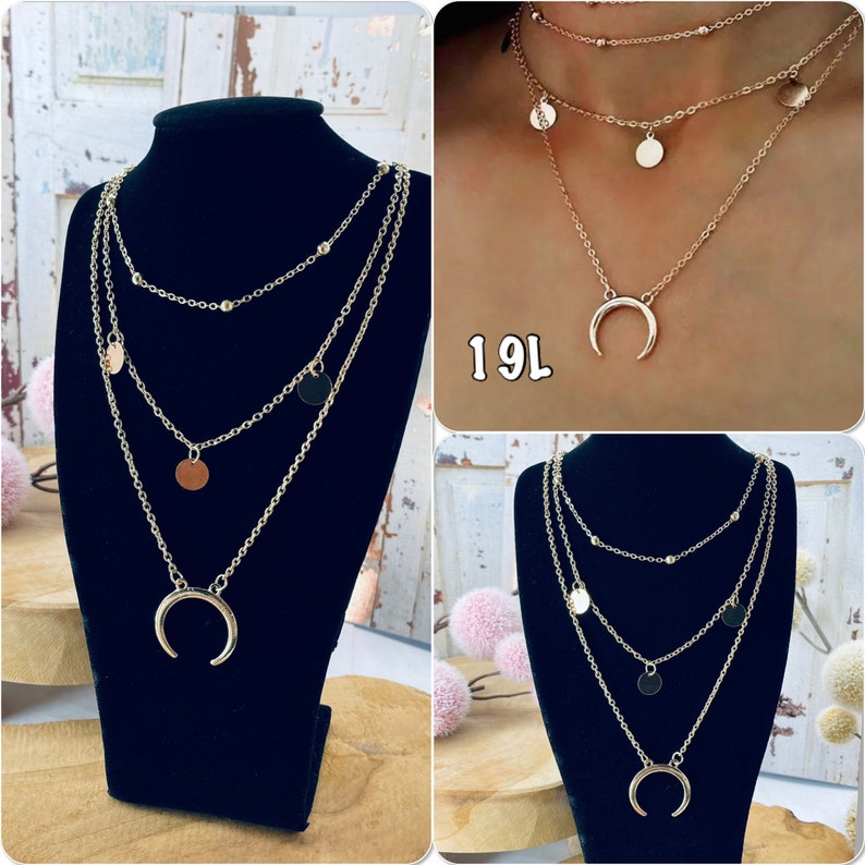 Collier multirang lune or, médaille , collier à plusieurs rangs lune argent, médaille, collier multi-chaîne bohème et plus sur Ateliersdisa collier lune 19L