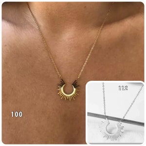 Fine sun necklace in gold steel, gold stainless steel necklace, gold steel moon pendant necklace, horn more on Ateliersdisa