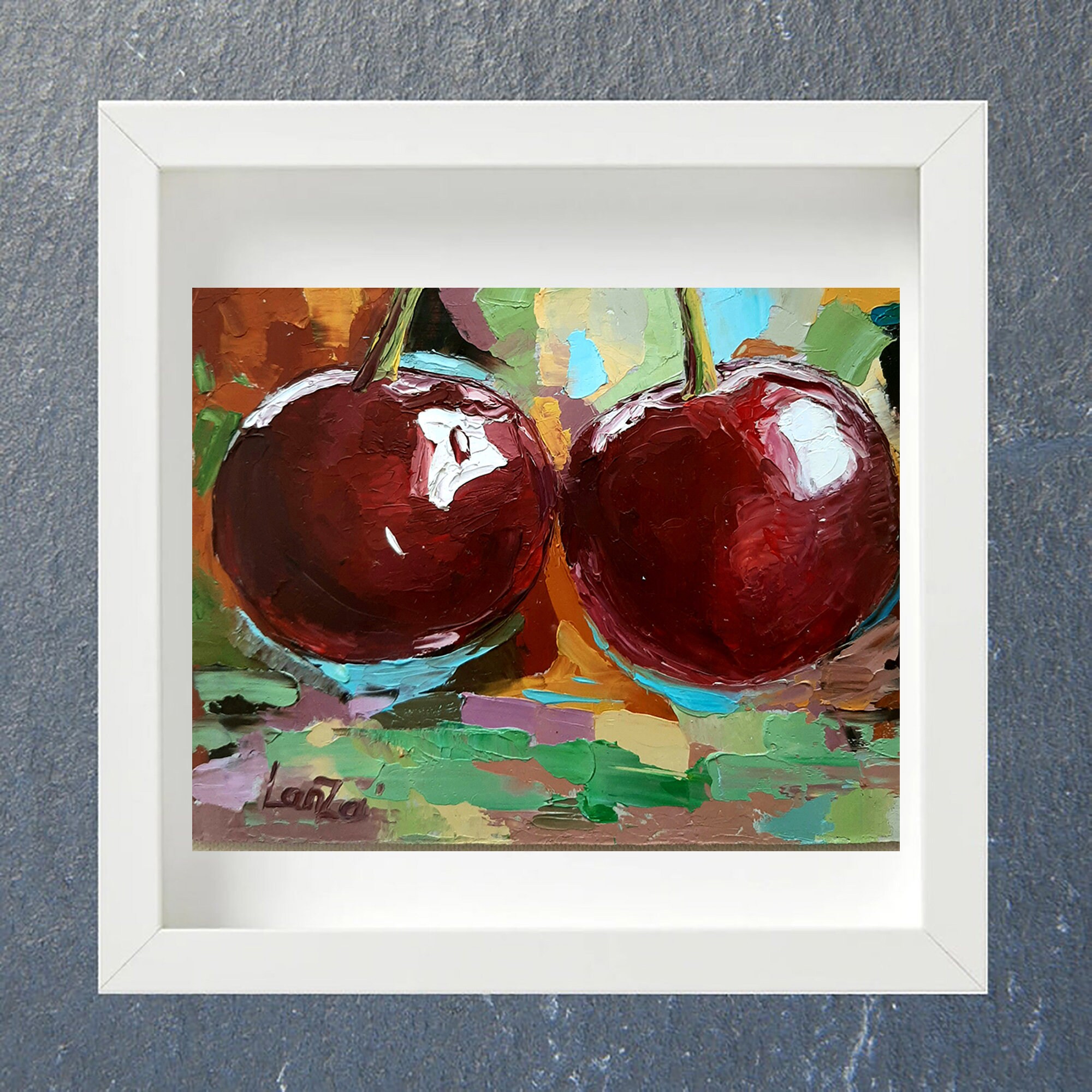Cherry Painting Fruit Original Art Artwork Food Still Life Oil Painting Impasto Small Art 4'' by 6'' by LanaZalts