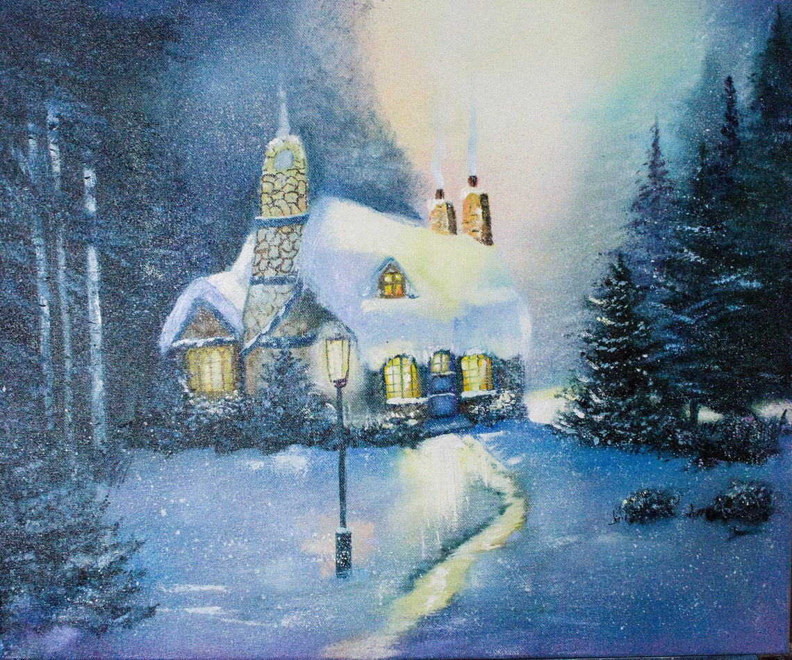 Winter House Painting oil Fabulous house Forest landscape Snow Etsy