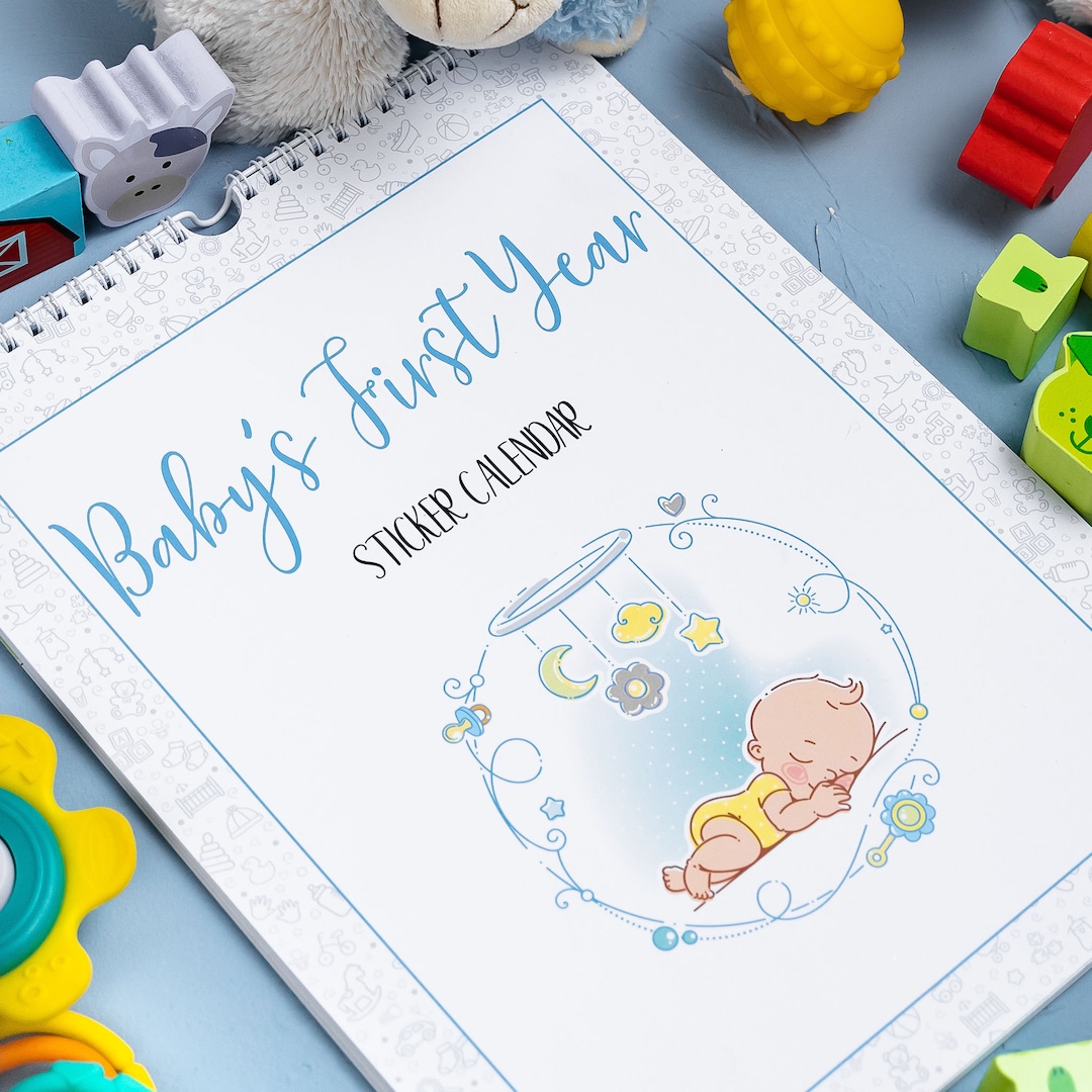 Baby First Year Calendar With Stickers, Baby Memory Book BLUE, Baby's