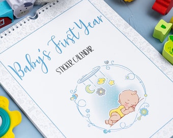 Baby First Year Calendar with stickers, Baby Memory Book BLUE,  Baby's First Year Keepsake Sticker Calendar, Baby 1st year calendar