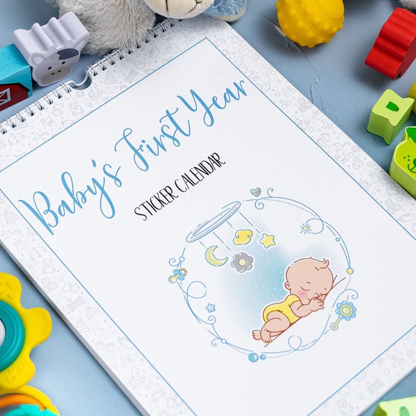 Baby First Year Calendar with stickers, Baby Memory Book BLUE,  Baby's First Year Keepsake Sticker Calendar, Baby 1st year calendar