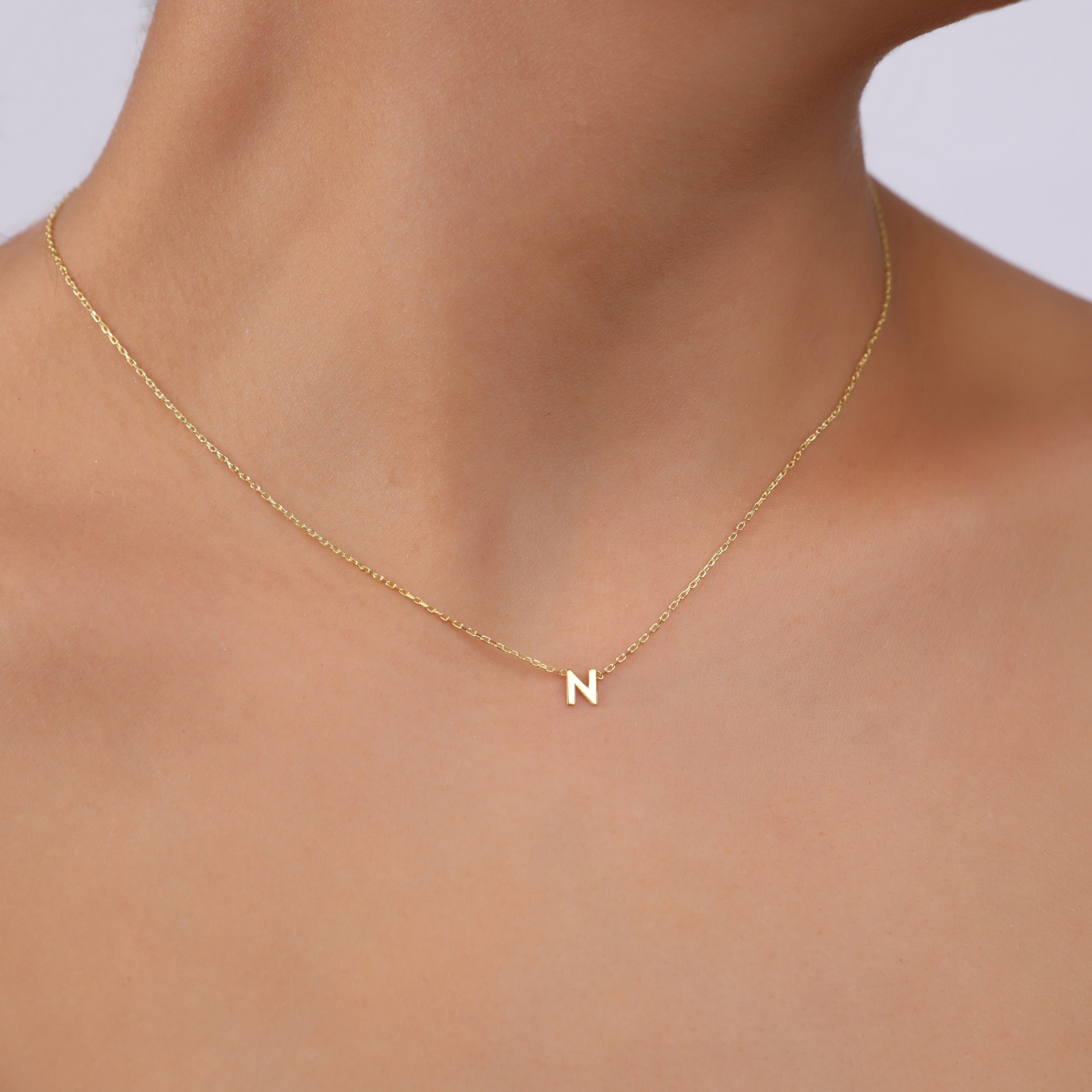 14K Solid Gold Initial Necklace 14K Gold Letter Necklace Etsy
