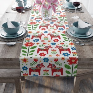 Dalahästar - Table Runner (Cotton or Polyester), Size: 16" × 72", Dala horses, Sweden, Swedish symbol of good luck, strength and courage