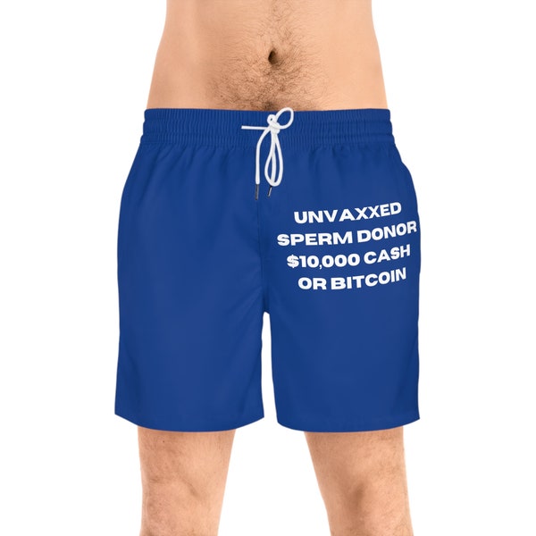 Men's Mid-Length Swim Shorts, Unvaxxed Spear Donor, Mesh brief, Relaxed fit, Two side pockets