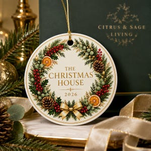 Peut inclure: Une décoration ronde en céramique blanche ornée d'une couronne festive avec des branches de pin, des baies rouges, des pommes de pin et des tranches d'orange séchées. Le texte central indique THE CHRISTMAS HOUSE 2026 avec un ruban doré.