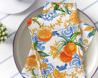 Napkins, 4-piece set, One size: 19" x 19" (48cm x 48cm), Luxuriously soft broadcloth fabric, Sicilian majolica and oranges, Tile and citrus