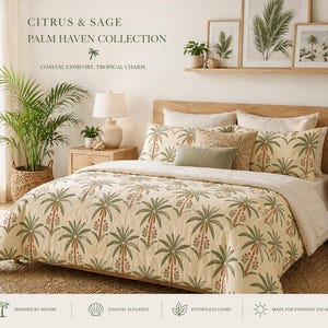 May include: A bedroom setting with a bed dressed in a cream-coloured duvet cover and pillowcases, all patterned with palm trees. The text "CITRUS & SAGE PALM HAVEN COLLECTION" is visible. The room features a wooden headboard, bedside tables, and framed botanical prints.