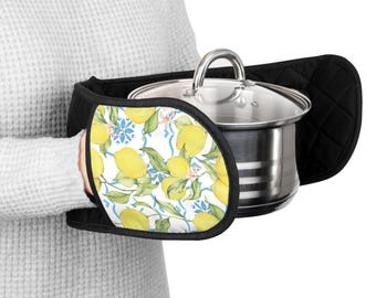 Manoplas de cocina con estampado floral de limón / Agarradera de doble asa