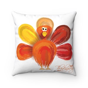 Happy Thanksgiving - Spun Polyester Square Pillow, Decorative pillow, Throw pillow, Accent pillow, Turkey, Orange, Red, Yellow, White