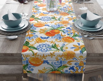 Table Runner, Polyester, 2 size options: 16" × 72" and 16" × 90", Sicilian majolica and oranges, Tile and citrus, Summer