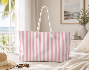 Pink Striped Beach Tote Bag, Rope Handles, Weekender Travel Bag