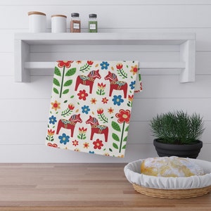 Dalahästar - Kitchen Towel, The Dala horse is a Swedish symbol of good luck, strength and courage, Choose between Cotton or Polyester