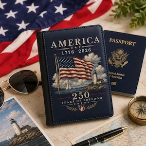 May include: A dark blue passport holder featuring the text AMERICA 1776-2026 and 250 YEARS OF FREEDOM. The cover displays a graphic of an American flag, a lighthouse, and a sailboat. It is positioned next to a United States passport, sunglasses, a compass, and a pen.