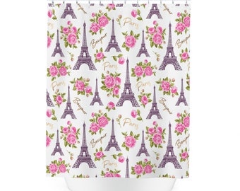 Paris - Polyester Shower Curtain, Size: 71" × 74", Polyester, Bonjour, Paris, Eiffel Tower, Roses, Parisian apartment decor