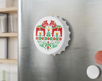 Abrebotellas escandinavo con forma de caballo Dala / Diseño floral folclórico sueco