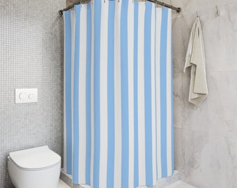 Shower Curtain, Polyester, Blue and White striped, One size: 71" × 74", 12 stitch-enforced buttonholes