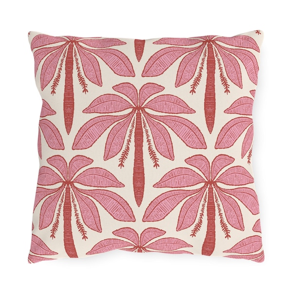 Pink Palm Tree Pattern Outdoor Pillow | Tropical Patio Throw Pillow