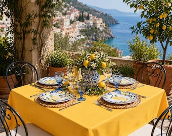 Amalfi Morning Tablecloth | Lemon Yellow Square Cover | Citrus & Sage Summer Patio Decor