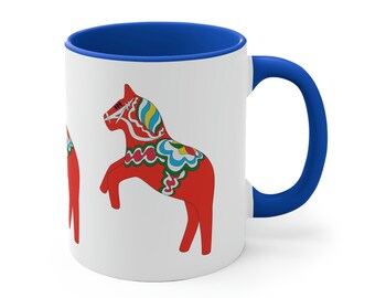 Dalahäst - 11oz Accent Mug, Dala horse, Ceramic, Accent colors: blue, green or red, Swedish symbol of good luck, strength and courage