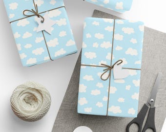 Papier cadeau baby shower, nuage bleu : rouleaux beaux-arts 90 g