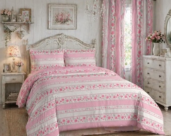 Blush Rose Cottage Cotton Comforter | Lightweight Bedspread | 3 Sizes | 100% Oeko-Tex certified cotton | Pink Floral Stripe