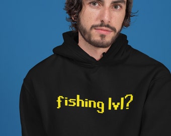 MMORPG Gamer Hoodie Fishing Lvl? Sweatshirt Classic Retro Inspired Clothing for Old School Gamer