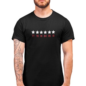 Pu&ograve; includere: Una maglietta nera con cinque stelle bianche e i numeri 77 78 81 84 05 19 stampati in rosso sotto le stelle.