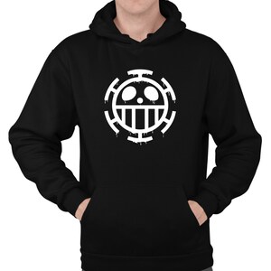 May include: Black hoodie with a white skull and crossbones symbol, reminiscent of a popular anime series.